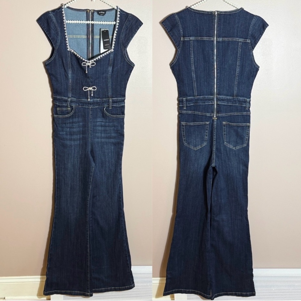 Bebe Flare Leg Denim Jumpsuit - Picture 2 of 6